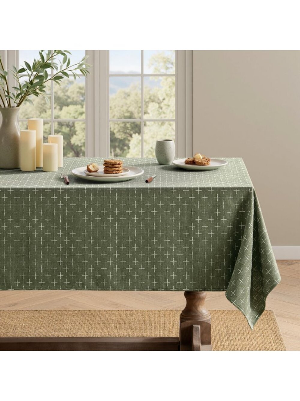 Olive Green Rectangle Textured Tablecloth 60x102 Inch - Elegant Dining Decor